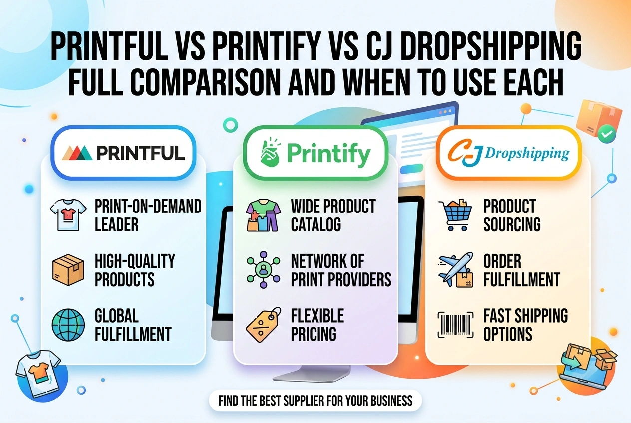 Printful vs Printify vs CJ Dropshipping: Full Comparison and When to Use Each